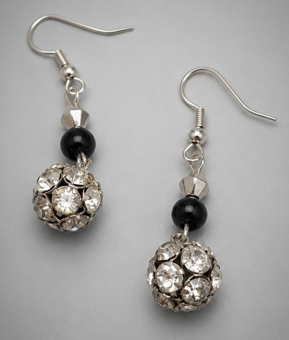 Vintage Black & White Rhinestone Dangle Pierced Earrings 2" Long‎ Lucite kp-24